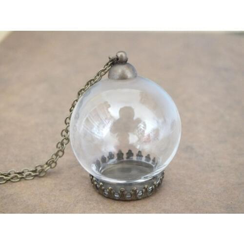 30x20mm round ball glass globe bronze crown base set Transparent vial pendant,with chain,glass bottle pendant