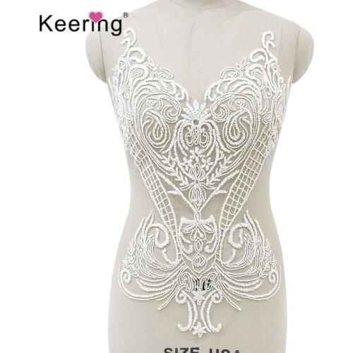 White sew on fleur de lis embroidered rhinestone applique for wedding dress WDP-280