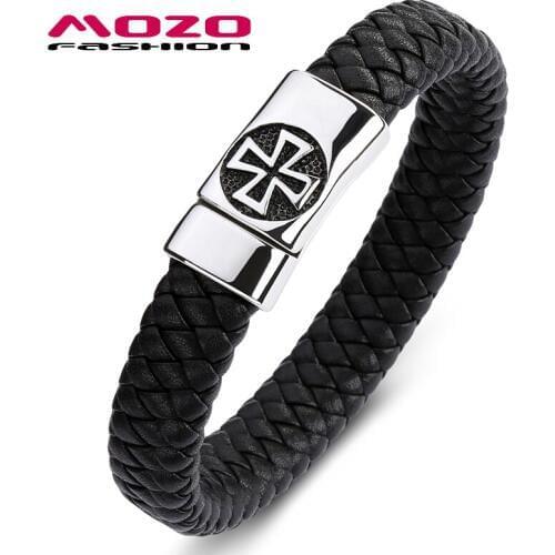Fashion Bangle HOT Classic Men Bracelet Black Leather Stainless Steel Magnet Buckle Bracelet Man Cross Punk Jewelry PS2077