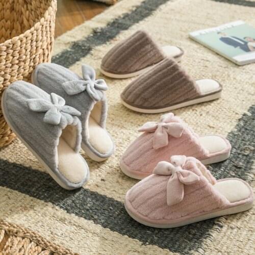 CINESSD Cotton Slippers For Men And Women Lovers Cute Bow Winter Indoor Warm Slippers Christmas Gift Flat Shoes
