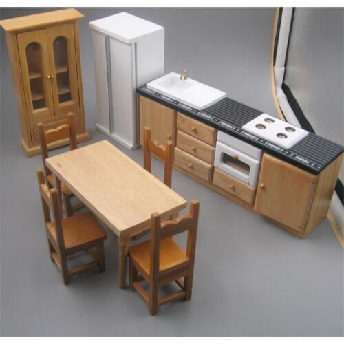 Doub K 1:12 Wooden Furniture toy Dollhouse Miniature refrigerator table stove kitchen sets dolls house girls pretend play toys
