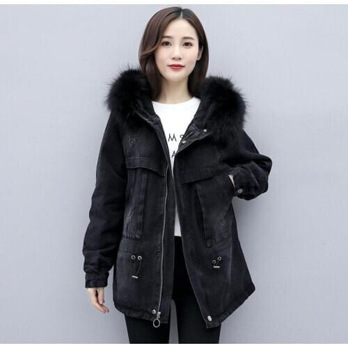 Denim Cotton Coat Women Mid-Length Winter Thick Plus Velvet Padded Clothing 2020 Fur Collar Zipper Black Denim Coat Female Q324