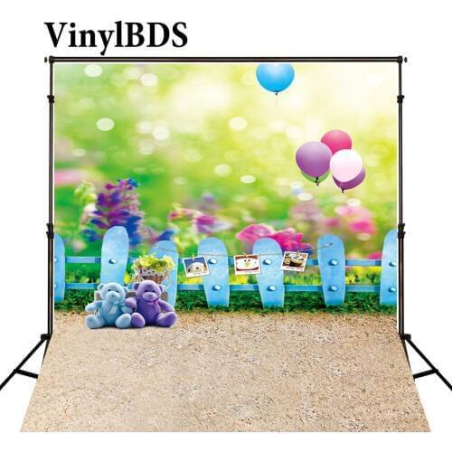 VinylBDS 8x8ft Easter Bear Balloon Fences Background Newborn Bokeh Scenery Backdrop Kids Cartoon Natural Baby Photo for Studio