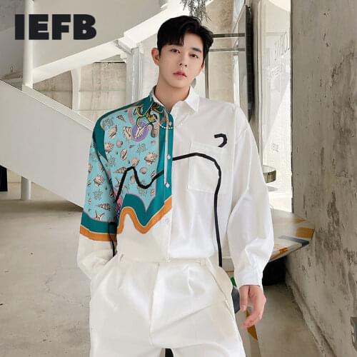 IEFB Mens Ice Silk White Shirt Mens Korean Trend Light Luxury Irregular Ribbon Print Patchwork Causal Loose Big Shirts 9Y7857
