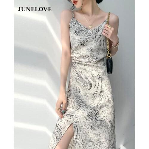 JuneLove Retro Sexy Strap Dress Women Designer Elegant Fit Chic Party Night Midi Dress Casual Holiday Beach Summer Split Dress