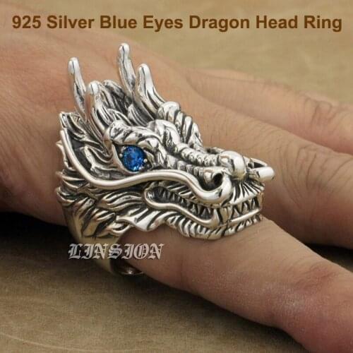 Huge Retro Fashion Chinese Zodiac Ring Solid 925 Sterling Silver Cool Mens Knight Blue Eyes Dragon Head Ring 9D110 US Size 8~15