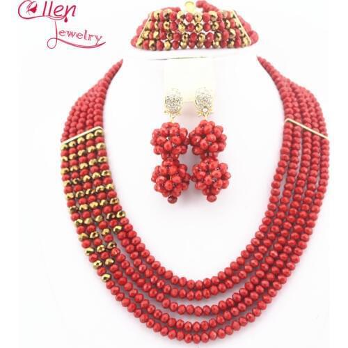 Nigerian wedding african beads jewelry sets for brides Crystal Necklace Bracelet Earrings cheap fashion red jewelry sets N0044