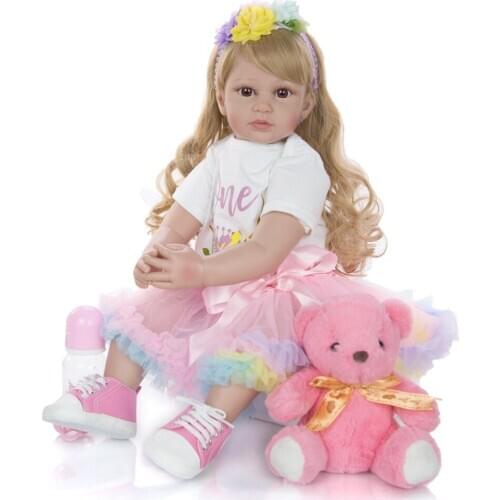 Reborn baby doll gold curly wig girl toddler alive 24 inch children play house toys gift bebe reborn
