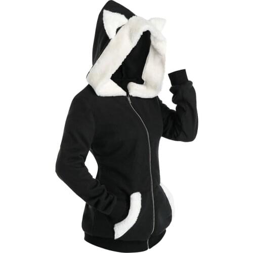 Fashion Cat Ear Faux Furs Insert Zip Up Hoodie Sweatshirt Women Men Long Sleeve Cosplay Pullover Warm Winter Hoodies Sudaderas