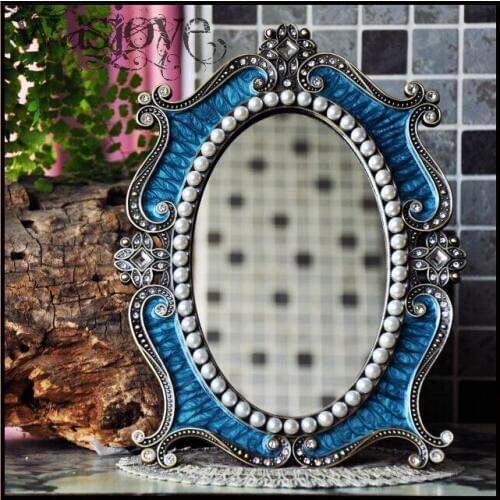 Desktop makeup cosmetic mirror floral embossed jewelry pearl-inlayed metal frame table decoration mirror makeup white J2194A