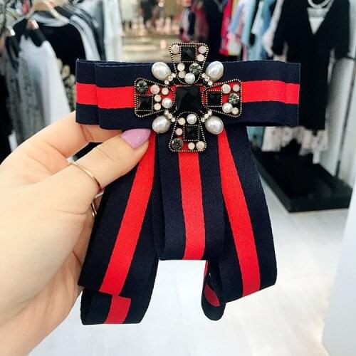 New Fabric Ribbon Bow Brooch for Women Girls Rhineston Pearl Pins for Dress Collar Corsage Jewelry Brooch Clothing Accessories