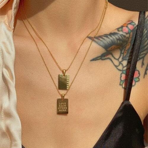 2021 New Hip Hop Titanium Steel Engraved Letter Message Square Pendant Bead Golden Necklace for Women Couple Party Jewelry Gifts