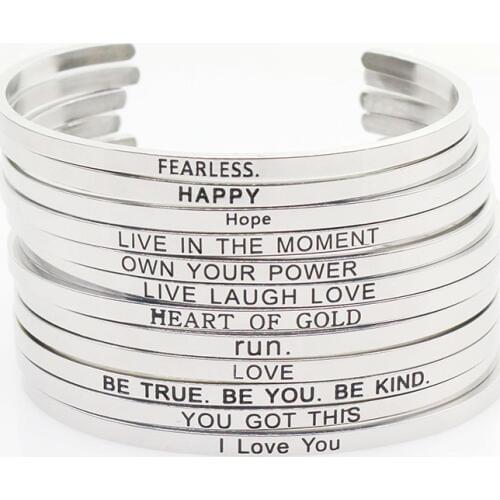 New Stainless Steel Bangle Engraved Positive Inspirational Quote Hand Stamped Cuff Mantra Bracelets For Men Women
