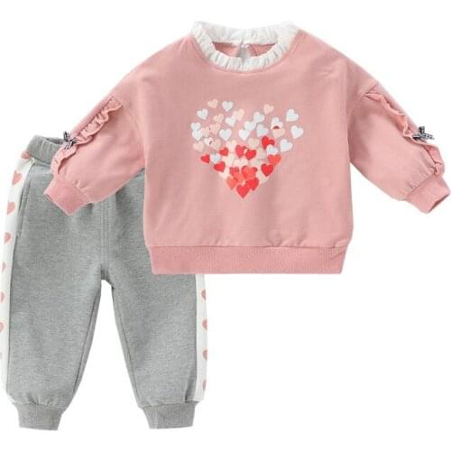 Sweet Toddler Girl Clothes Pink Spring Fall Girl Sets Ruffle Round Neck Girl Sweatshirt Tops Baby Pants 2 Pieces Clothing Sets