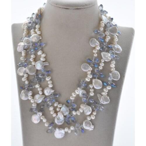 Z10750 3Row 19" 14mm White Coin Rice Pearl Gray Faceted Crystal Necklace