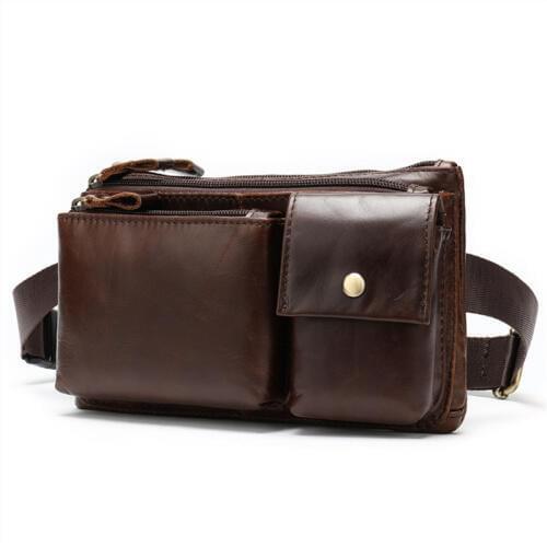 PNDME simple vintage multi-pocket genuine leather mens waist packs belt bag casual cowhide chest bag messenger bags fanny pack