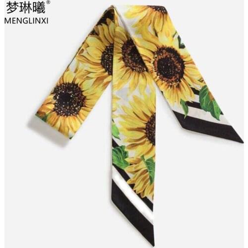 Sunflower Printing Bowknot Luxury Brand Scarf Women Silk Scarf Bag Skinny Scarf 2021 New Design Foulard Femme Hair Headband