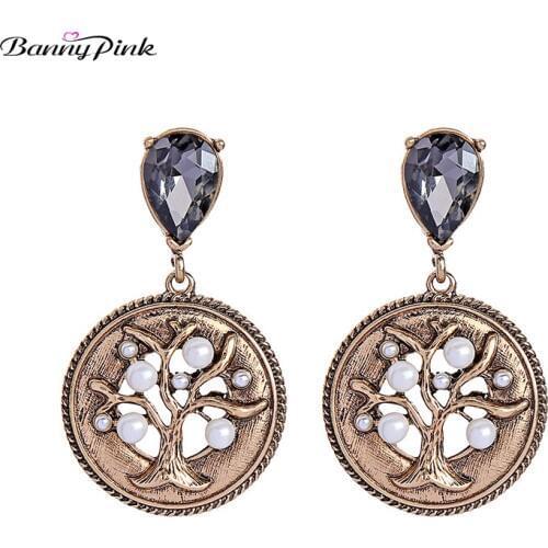 Banny Pink Vintage Imitation Pearl Lucky Tree Stud Earrings For Women Ethnic Round Coin Waterdrop Statement Post Earrings Brinco