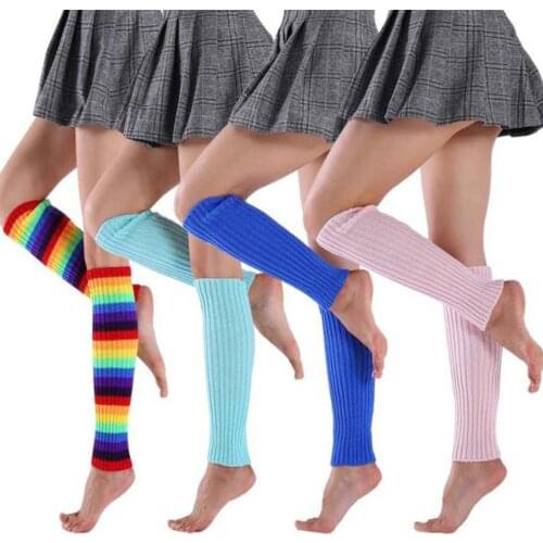 Knitted High Socks for Girls Fashion Women Autumn Leg Warmers Ribbed Solid Color/Rainbow/Splicing Footless Stretch