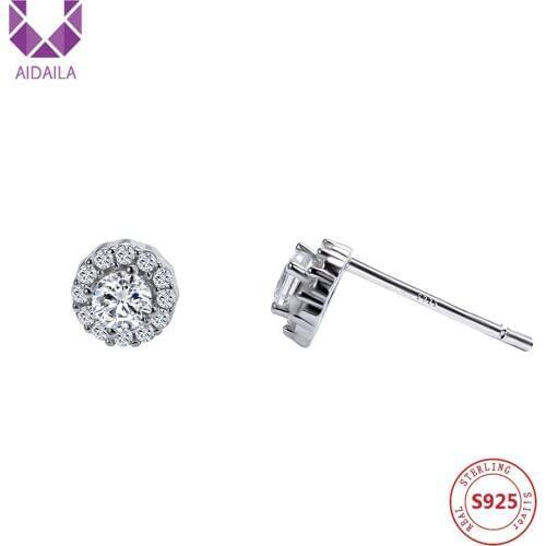 Women Stud Wedding Earrings 100% Genuine 925 Sterling Silver Round Shape with AAA+ Cubic Zirconia Zircon Top Quality Charm Gift