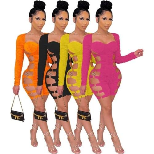 Ribbed Square Collar Sexy Rompers Womens Jumpsuit Long Sleeve Skinny Summer Playsuits Women Hollow Out Short Jumpsuits