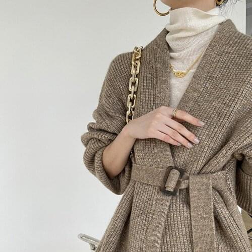Sweater Lazy wind lace up knitted cardigan autumn winter sweater womens coat medium length loose outer wear Cardigan for women