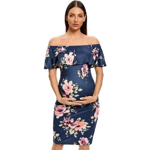 Womens Floral Ruffle Off Shoulder Maternity Dress Sleeveless Pregnancy Clothes Elegant Fitted Bodycon Dress for Photo