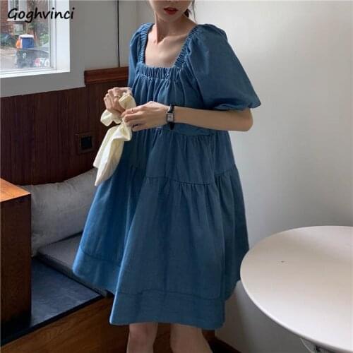 Short Sleeve Dress Women Square Collar Elastic Puff Sleeves Pleated Females Dresses Solid Summer Above Knee A-line Korean Style