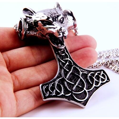 Gothic Men Jewelry Stainless Steel Huge Wolf Head Thor Hammer Mjolnir Pendant Necklace 24inch