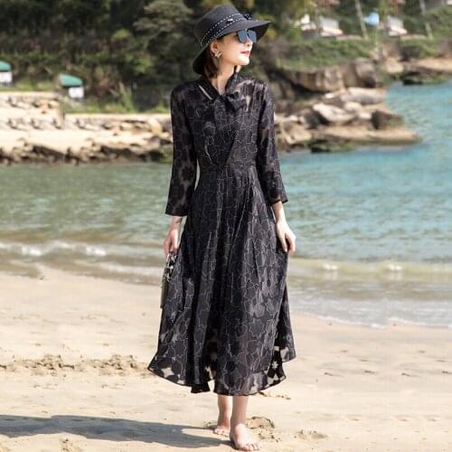 Hepburn Style Brand Womens Elegant Summer Dress 2021 Jacquard V-neck Lace-up Slim Fit 3/4 Sleeve Large Swing Mid-Length Dress