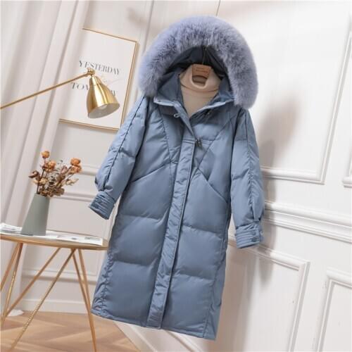 Winter Women Long Coat Warm Snow Outwear Big Fur Hooded Jacket Horn Button Loose Blue Parkas