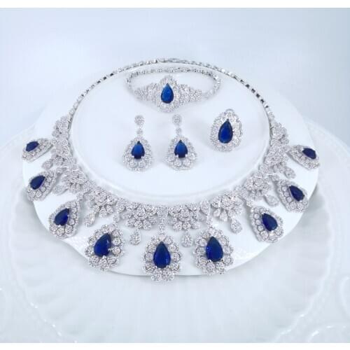 2021 new fashion retro blue CZ zircon necklace earring bracelet ring wedding bridal banquet dinner dressing jewelry set