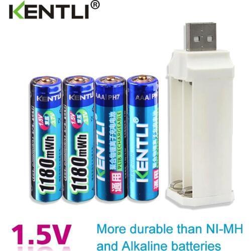 4pcs KENTLI 1.5v 1180mWh aaa polymer lithium li-ion rechargeable batteries battery + 4 slots lithium li-ion charger