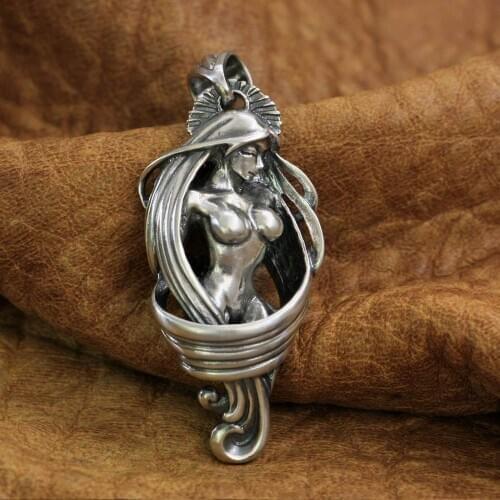 925 Sterling Silver Long Hair Sexy Angel Pendant Mens Punk Pendant TA215