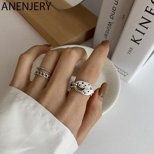 ANENJERY 925 Sterling Silver Double Layer Star Moon Thai Silver Rings for Women Men Lock Chain Open Finger Rings Gifts S-R914