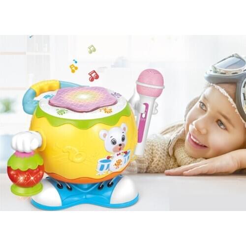 Kids Toy Multi-Function Rotating Music Drum Bear Lantern With Microphone Children’s Early Learning Education Music Toy For Baby