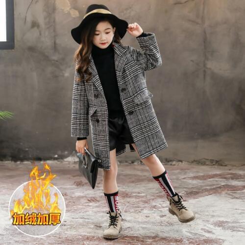 2019 New Winter Toddler Girls Trench Long Sleeve Coat Gray Plaid Turn-down Collar Casual Kids Thicken Jacket Outerwear Clothes