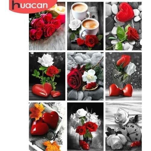 HUACAN Full Square Diamond Painting Black And Red Flower 5D DIY Diamond Embroidery Rose Mosaic Coffee Handmade Gift Home Decor