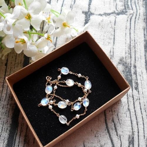 ICNWAY 41cm Natural Moonstone and Freshwater 6-8mm Oval Gemstone Beads 14k GF Clasp Necklace