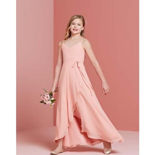 Coral Cheap Junior Bridesmaid Dresses Under 50 A-line Spaghetti Straps Cross Floor Length Chiffon Long Wedding Party Dresses