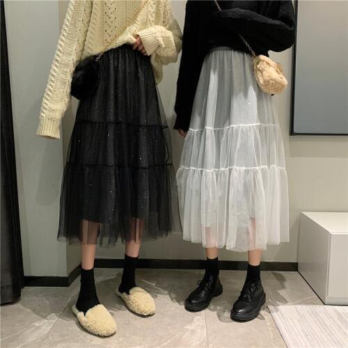 Lace High Waist Ladies Skirts Solid Mid-Calf Autumn A-Line Patchwork Midi Skirts Female Chic Fashion Sweet Elasitc Waist Skirts
