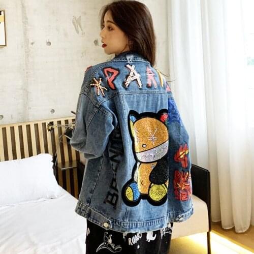 Women Spring Funny Bear Diamonds Denim Coats and Jackets, Loose Havey Decor Oversize Jean Jacket Street Style Clothes Y681