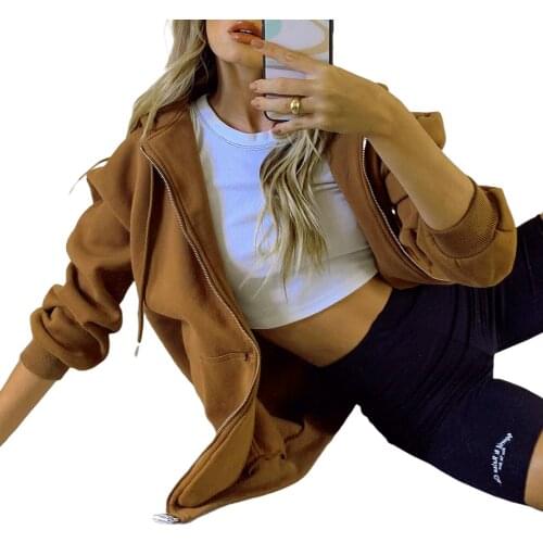 New Women Loose Style Coat, Solid Color Zipper Open Front Hooded Jacket with Pockets, Black/ Brown/ Grey