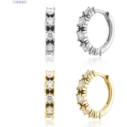 Lozoya 925 Sterling Silver Gold Huggies Hoops Piercing Clear Zircon CZ Black Crystal Pendiente Party Luxury Jewelry Clips
