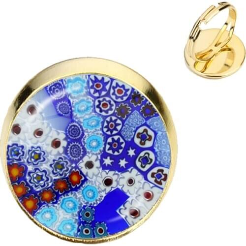 Murano Millefiori Ajustable Rings MultiColour Flower 16mm Glass Cabochon Ring Jewelry For Women Men Gift Wholesale