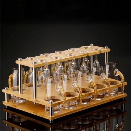 Crystal Glass Wine Glass Set Flagon Hip Flasks Wine Dispenser Drinkware Wine Set with Wooden Stand Spirits Winecup Wine Glasses