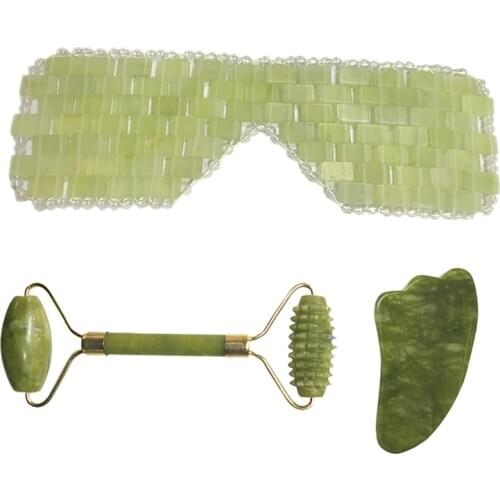 Natural Jade Eye Mask Face Roller Massager Guasha Board Set Cold Therapy Sleep Massage Jade Eye Cover Facial Body Massage Tools
