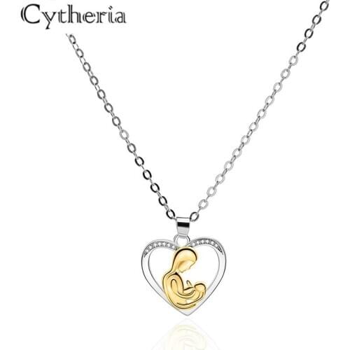Trendy mum love heart design Mother holding baby crystal rhinestone necklace for women mothers day gifts
