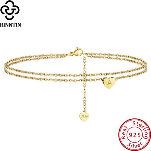 Rinntin 925 Sterling Silver Fashion Letter Initial Heart Anklets for Women 14K Gold Ankle Chain Bracelet Barefoot Jewelry SA18