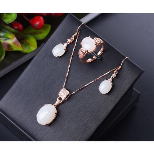 Natural and nephrite jade ring pendant earrings three sets of 925 silver inlaid female ring ring live mouth